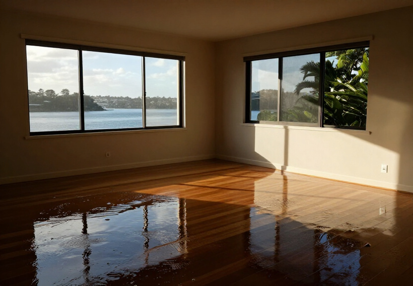 Flooded living room in a West Ryde home before restoration